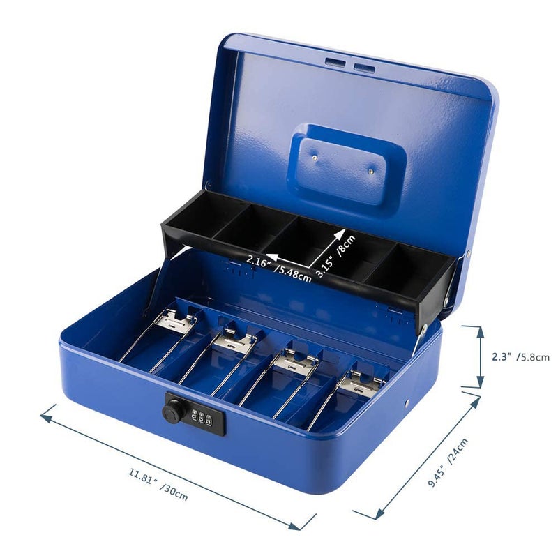 KYODOLED Metal Cash Box with Combination Lock & Spring-Loaded Bill Clips, 5-Compartment Cantilever Coin Tray, Portable Safe for Yard Sales/Craft Fairs/Small Businesses, 11.81â€x9.45â€x3.54â€, Blue - Image 4